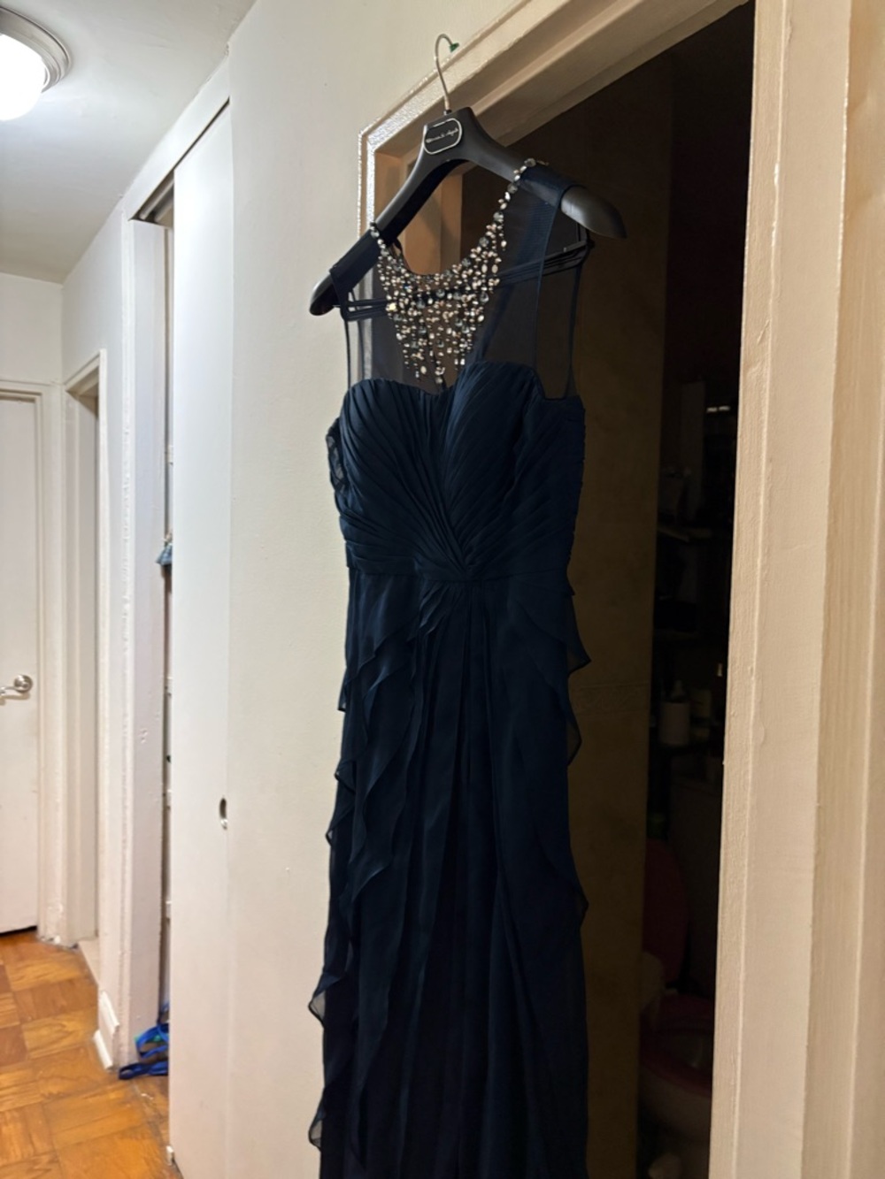 Adrianna Papell Navy Blue Beaded Illusion Gown